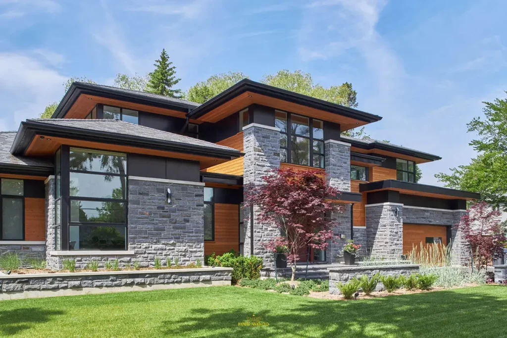 اجرای نمای ترکیبی سنگ و چوب با ترمووود